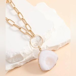 “White Druzy” Geode Slice Gold Dipped Keyring Paperclip Chain Sparkly Necklace
